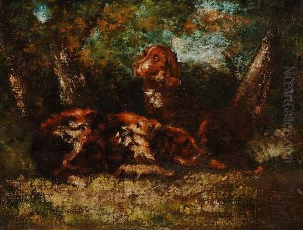 Deux Chiens De Chasse En Foret De Barbizon, Circa 1865 Oil Painting by Narcisse-Virgile D Az De La Pena