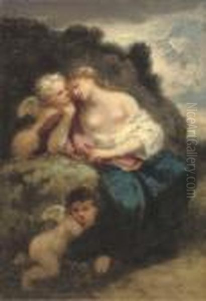 Venus Et Deux Amours Oil Painting by Narcisse-Virgile D Az De La Pena