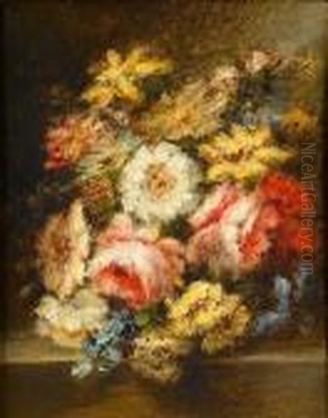 Flowers On A Ledge Oil Painting by Narcisse-Virgile D Az De La Pena