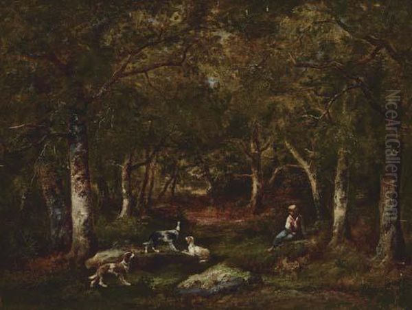 Enfant Et Chiens De Chasse En Foret Oil Painting by Narcisse-Virgile D Az De La Pena