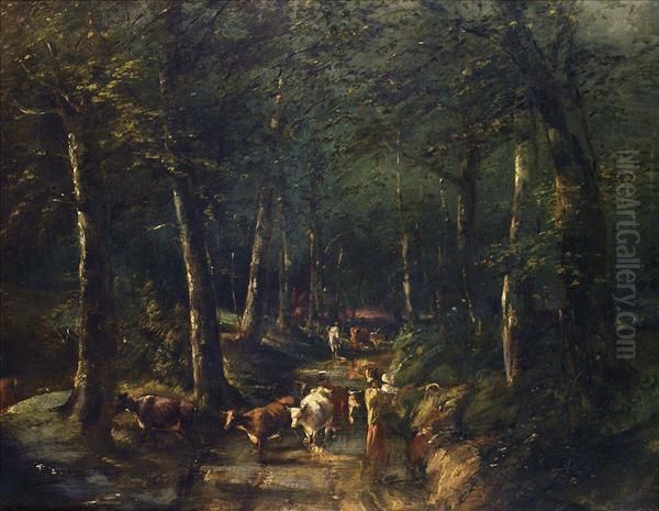 Manner Of Narcisse Virgille Diaz De La Pena,cattle And Figures On A Wooded Track Oil Painting by Narcisse-Virgile D Az De La Pena