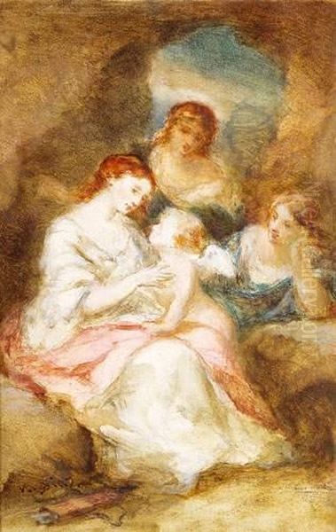 Jeunes Femmes Contemplant L'amour, Circa 1850 Oil Painting by Narcisse-Virgile D Az De La Pena