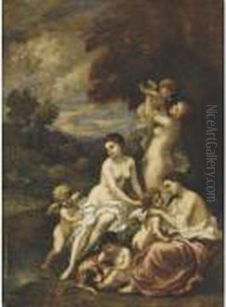 Nymphs And Putti In A Wood Oil Painting by Narcisse-Virgile D Az De La Pena