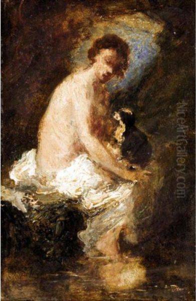 A Female Bather And Her Dog Oil Painting by Narcisse-Virgile D Az De La Pena