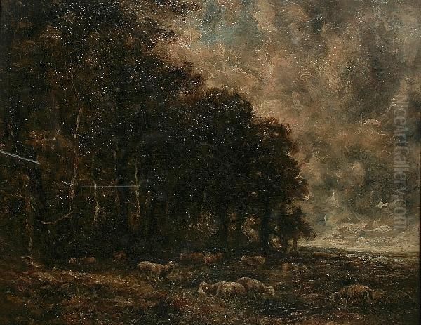 Landscape With Sheep Grazing At The Edge Of A Woodland Oil Painting by Narcisse-Virgile D Az De La Pena