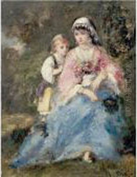 Mother And Daughter Oil Painting by Narcisse-Virgile D Az De La Pena