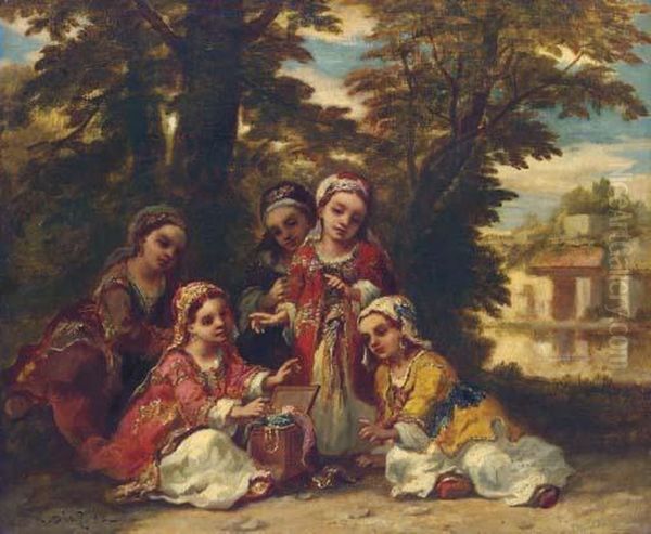 Enfants Turcs: Cinq Fillettes Jouant A L'ombre De Grandsarbres Oil Painting by Narcisse-Virgile D Az De La Pena