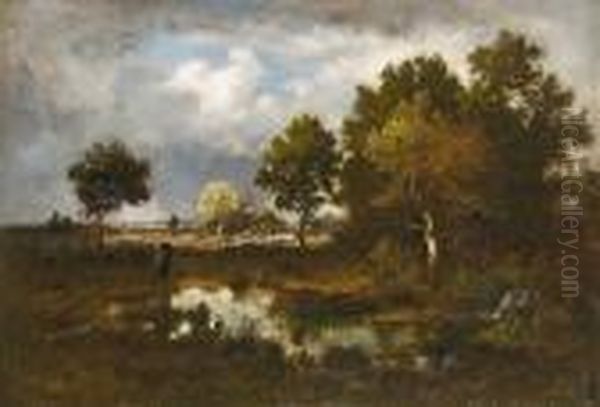 A Figure By A Pond On The Outskirts Of A Wood Oil Painting by Narcisse-Virgile D Az De La Pena