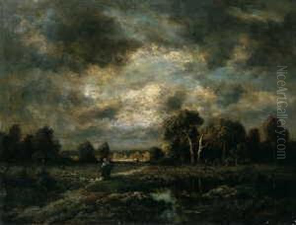 Landschaft Bei Barbizon. 
Gewitterhimmel. Signiert Unten Rechts: N. Diaz. Ol Auf Leinwand 
(doubliert). H 43; B 55 Cm. Oil Painting by Narcisse-Virgile D Az De La Pena