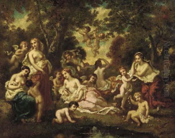 Nymphs And Putti In An Arcadian Landscape Oil Painting by Narcisse-Virgile D Az De La Pena