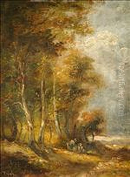 Manner Of Narcisse Virgile Diaz De La Pena, Figures Paused In A Forest Clearing Oil Painting by Narcisse-Virgile D Az De La Pena