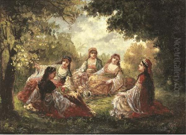 Cinq Orientales Fumant Le Narguile Sous Les Arbres Dans Un Jardin Oil Painting by Narcisse-Virgile D Az De La Pena