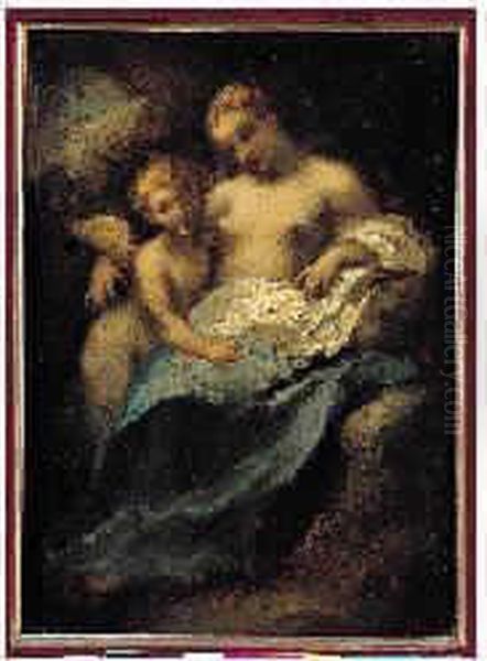 Jeune Femme Et Amour. Oil Painting by Narcisse-Virgile D Az De La Pena