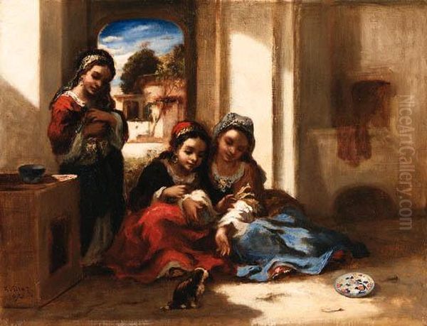 Arab Children Playing Oil Painting by Narcisse-Virgile D Az De La Pena