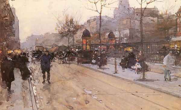 A Parisian Street Scene with Sacre Coeur in the distance Oil Painting by Luigi Loir