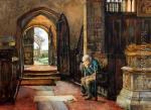 Memories - An Old Man Seated In A Church Oil Painting by Herbert Thomas Dicksee