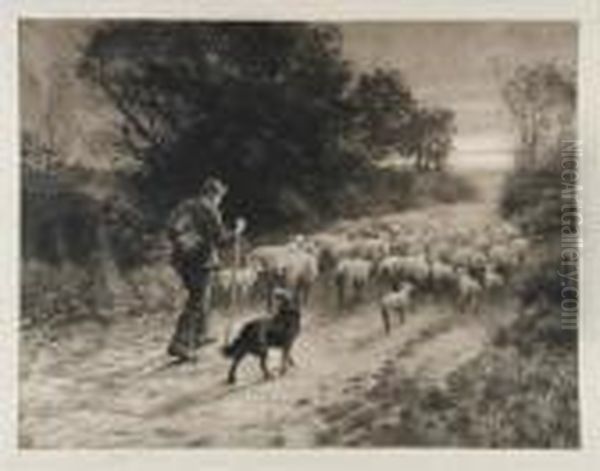 A Shepherd Driving His Flock Oil Painting by Herbert Thomas Dicksee