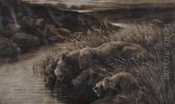 Lionsand Cubs Drinking From The River Oil Painting by Herbert Thomas Dicksee