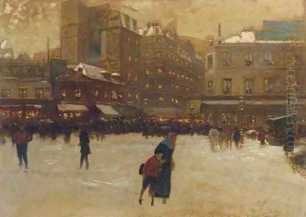 A Parisian street scene in winter Oil Painting by Luigi Loir