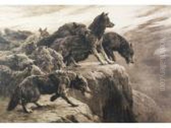 Pack Of Wolves On Rocky Outcrop Oil Painting by Herbert Thomas Dicksee