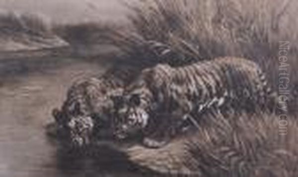 Two Tigers Oil Painting by Herbert Thomas Dicksee