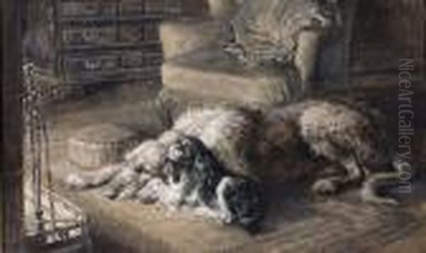 Adeer Hound And King Charles Spaniel By A Fireside Oil Painting by Herbert Thomas Dicksee