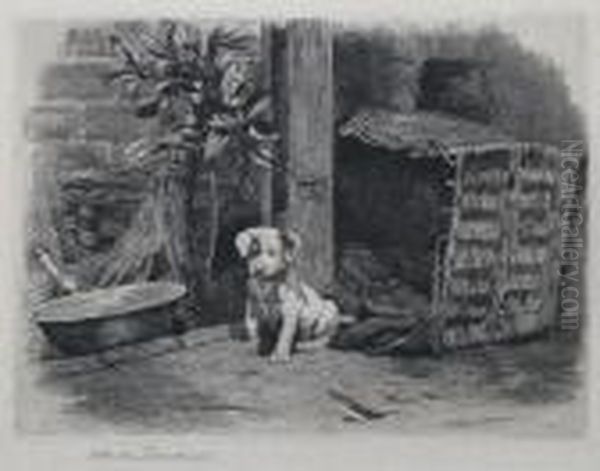 A Troublesome Pup 'herbert Dicksee' In Pencil Oil Painting by Herbert Thomas Dicksee