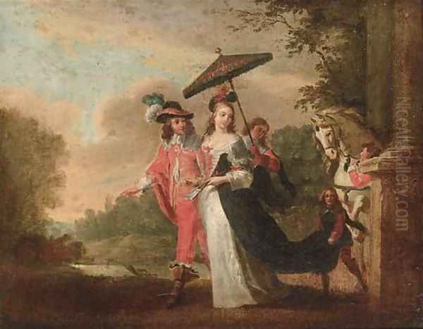 Elegant figures in a garden Oil Painting by Remigius Van Leemput