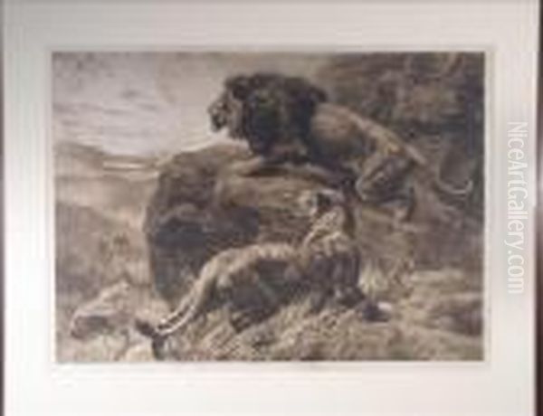 Lion And Lionesson A Rocky Outcrop Oil Painting by Herbert Thomas Dicksee