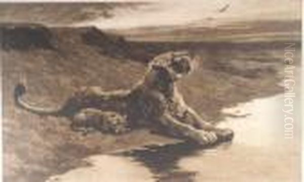 Lioness And Cub Oil Painting by Herbert Thomas Dicksee