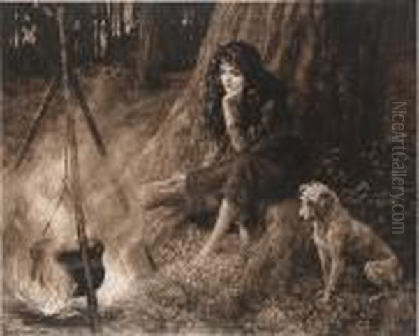 Girl With A Dog In A Woodland Oil Painting by Herbert Thomas Dicksee