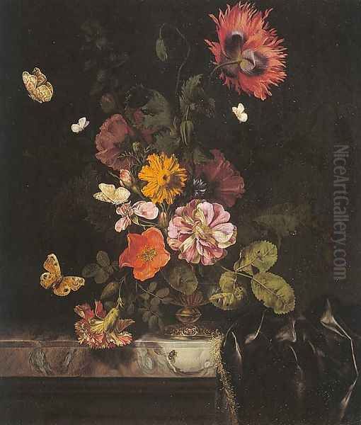 Flowers in a Gold Vase 1680 Oil Painting by Nicolaes Lachtropius