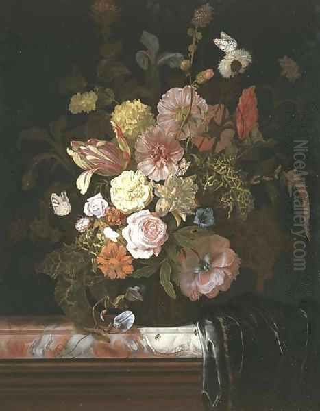 Roses, peonies, tulips and other flowers, in a glass bowl standing on a veined marble slab, the corner which is covered in a plum-colored silk drapery Oil Painting by Nicolaes Lachtropius