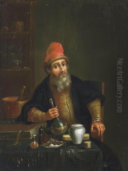 An Apothecary Seated At A Table, Holding A Florence Flask, Leaning On A Book Oil Painting by Christian Wilhelm Ernst Dietrich