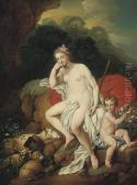 Venus And Cupid Oil Painting by Christian Wilhelm Ernst Dietrich