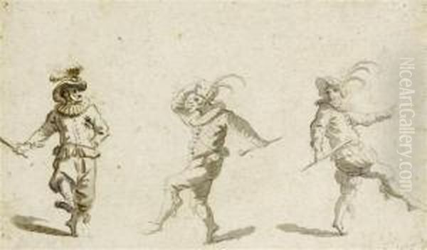 Three Figures From The Commedia Dell' Arte Oil Painting by Christian Wilhelm Ernst Dietrich