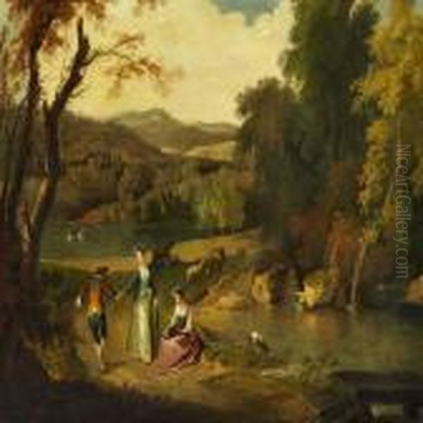 Arcadian Landscape With Dancing Couple Oil Painting by Christian Wilhelm Ernst Dietrich