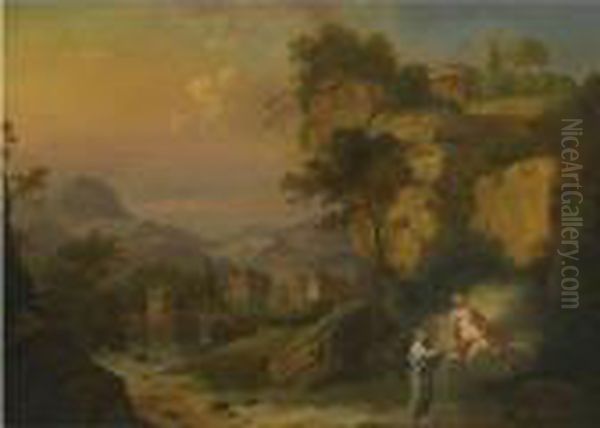 An Extensive River Landscape With Apollo And A Muse Oil Painting by Christian Wilhelm Ernst Dietrich