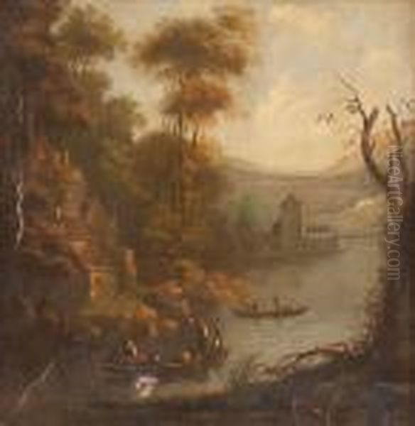 Flusslandschaft Mit Anglern Oil Painting by Christian Wilhelm Ernst Dietrich