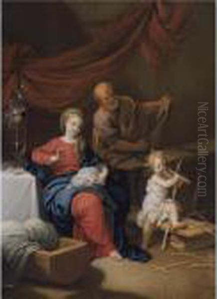 The Holy Family In An Interior With The Virgin Sowing And Joseph Woodworking Oil Painting by Christian Wilhelm Ernst Dietrich