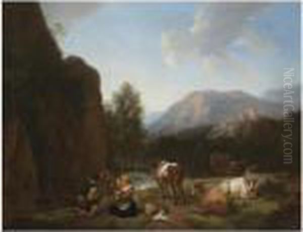 A Mountainous River Landscape 
With A Herder, His Family And Hiscattle Resting In The Foreground Oil Painting by Christian Wilhelm Ernst Dietrich