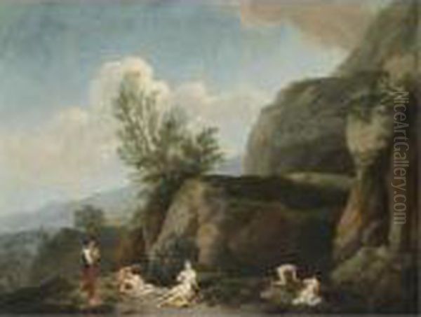 A Mountainous Landscape With 
Nymphs Bathing In The Foreground And A Woman Carrying A Child, Possibly 
The Finding Of Moses Oil Painting by Christian Wilhelm Ernst Dietrich