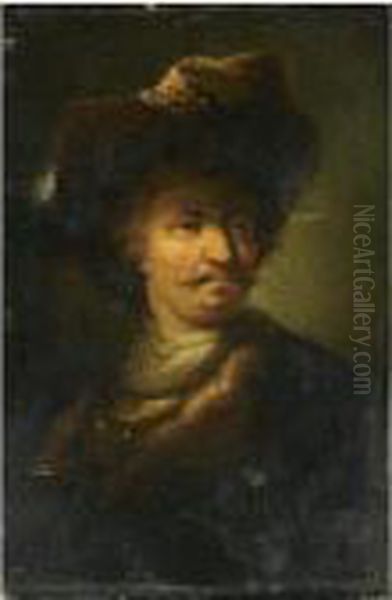 Portrait Of A Gentleman, Bust-length, Wearing A Feathered Hat Oil Painting by Christian Wilhelm Ernst Dietrich