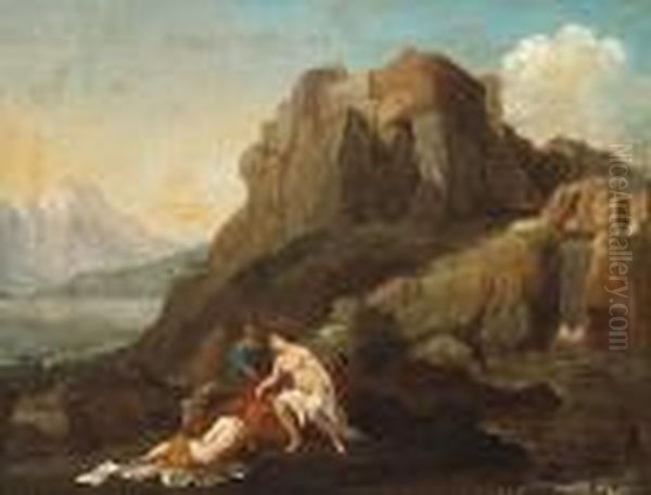 A Rocky Landscape With Figures Bathing In The Foreground Oil Painting by Christian Wilhelm Ernst Dietrich