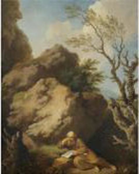 A Hermit Saint Studying The Bible In The Wilderness Oil Painting by Christian Wilhelm Ernst Dietrich