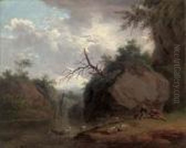 A Wooded River Landscape Oil Painting by Christian Wilhelm Ernst Dietrich