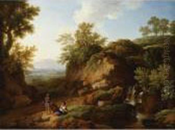 A Rocky River Landscape With Three Figures Conversing In The Foreground Oil Painting by Christian Wilhelm Ernst Dietrich