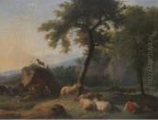 A Pastoral Landscape With A 
Shepherd Resting With His Flock, And A Herder Watering His Cattle In A 
River Beyond Oil Painting by Christian Wilhelm Ernst Dietrich