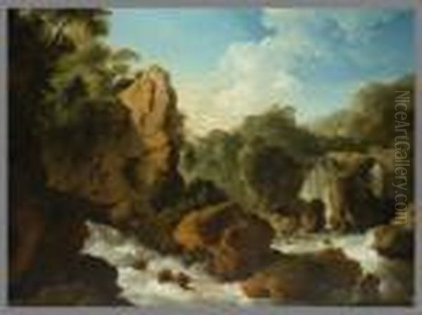 Bergige Landschaft Mit Felsen Und Wasserfallen Oil Painting by Christian Wilhelm Ernst Dietrich