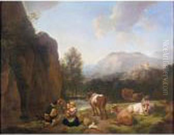 An Italianate Mountainous 
Landscape With A Shepherds' Family With Their Herd And A Dog Resting 
Near A Stream Oil Painting by Christian Wilhelm Ernst Dietrich